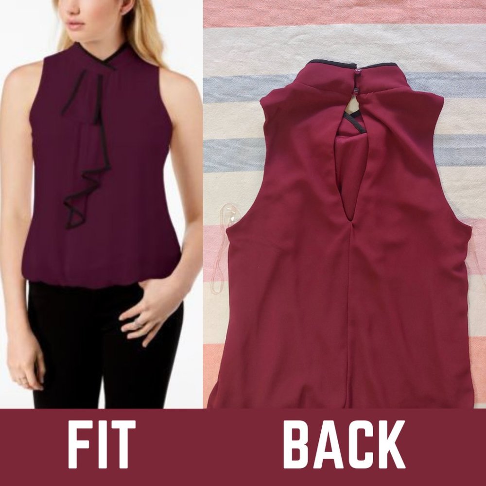 BCX Piped Ascot Bubble Blouse Maroon and Black